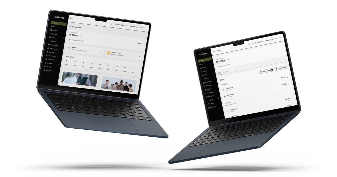 Painel da Conta PJ LaFinteca em dois MacBooks: tela inicial com saldo e ações rápidas, e tela de extrato com filtros e agendamentos.